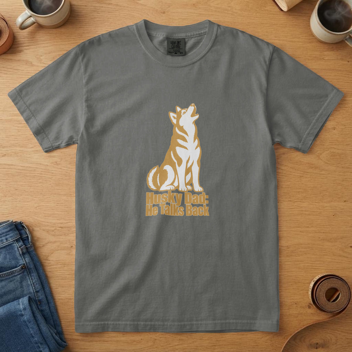 Pepper t-shirt with white and mustard Husky illustration mid-howl and the words "Husky Dad: He Talks Back"
