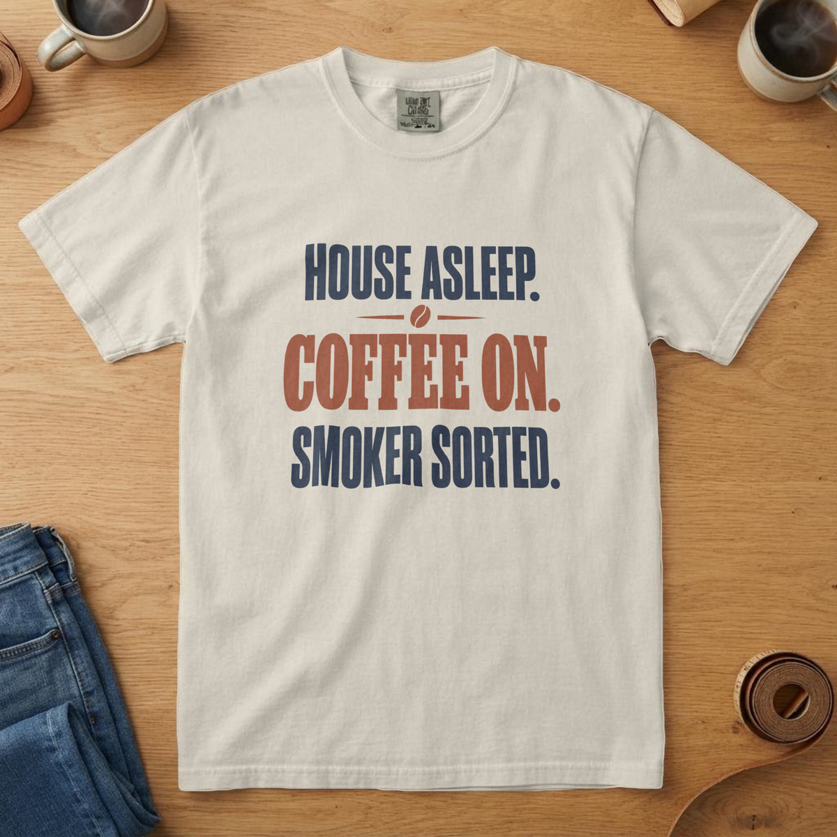 Ivory t-shirt reading "House Asleep. Coffee On. Smoker Sorted." in navy and rust type, on an oak table with coffee