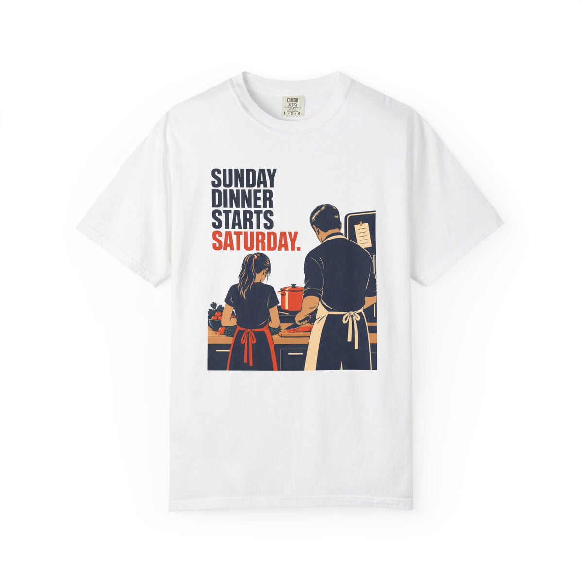 T-Shirt — “Sunday Dinner Starts Saturday” Retro Cooking Couple Tee