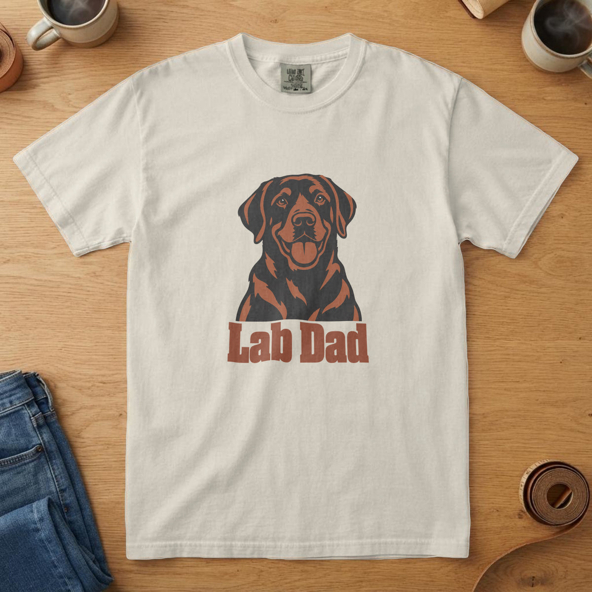 Ivory t-shirt with a near-black and rust Labrador Retriever portrait illustration and the words "Lab Dad"