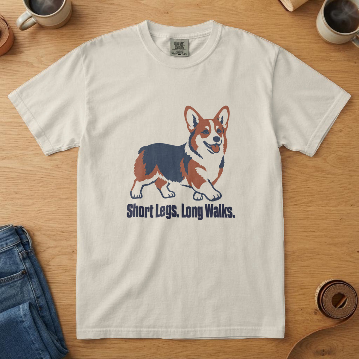 Ivory t-shirt with a navy and rust Corgi illustration trotting and the words "Short Legs. Long Walks."