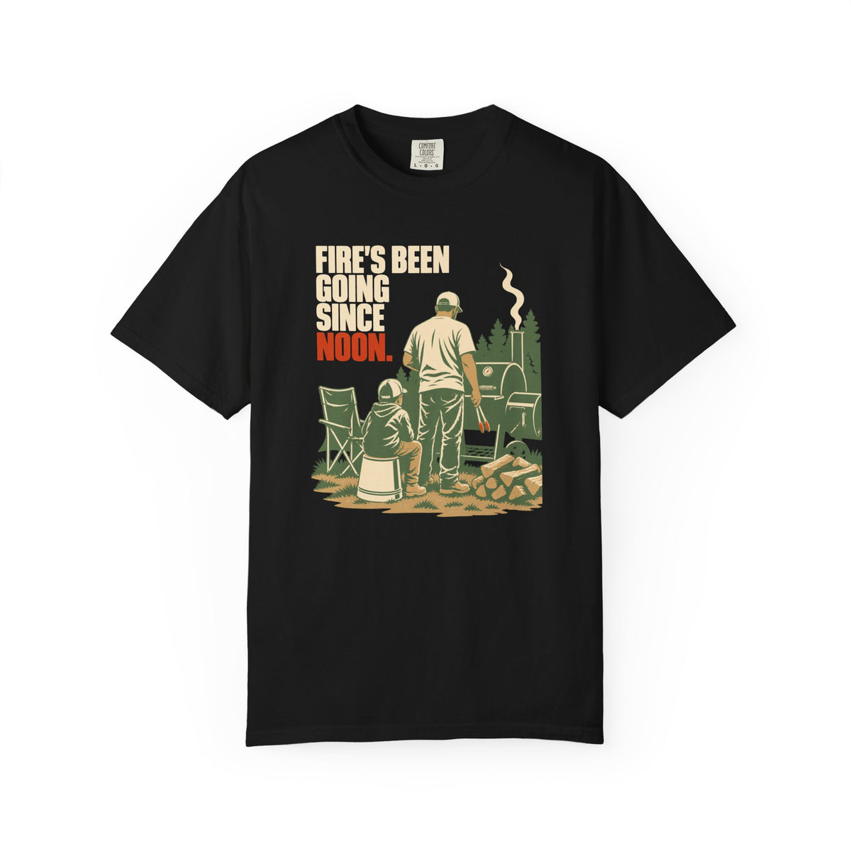 Campfire Grill T-Shirt — "Fire's Been Going Since Noon" Retro Camping Tee