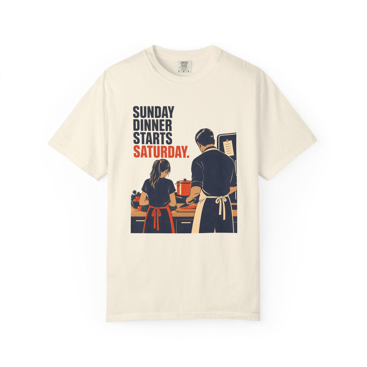 T-Shirt — “Sunday Dinner Starts Saturday” Retro Cooking Couple Tee