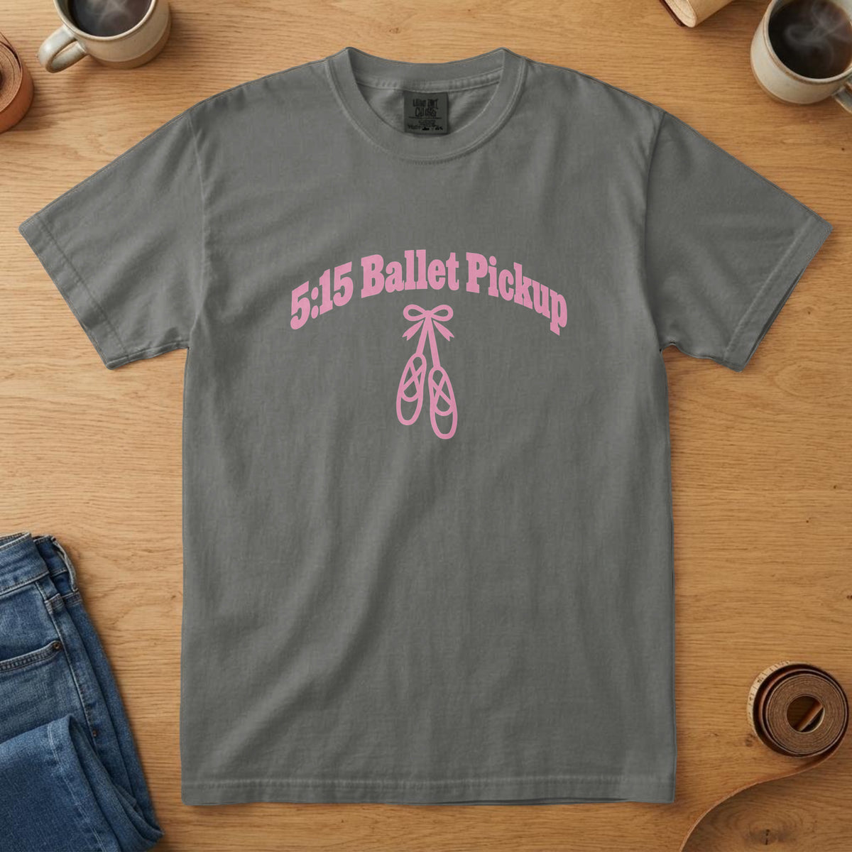 Pepper t-shirt with pink lettering above ballet slippers and the words "5:15 Ballet Pickup"