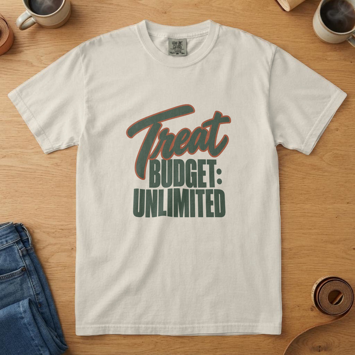 Ivory t-shirt with forest and rust script and condensed caps reading "Treat Budget: Unlimited"