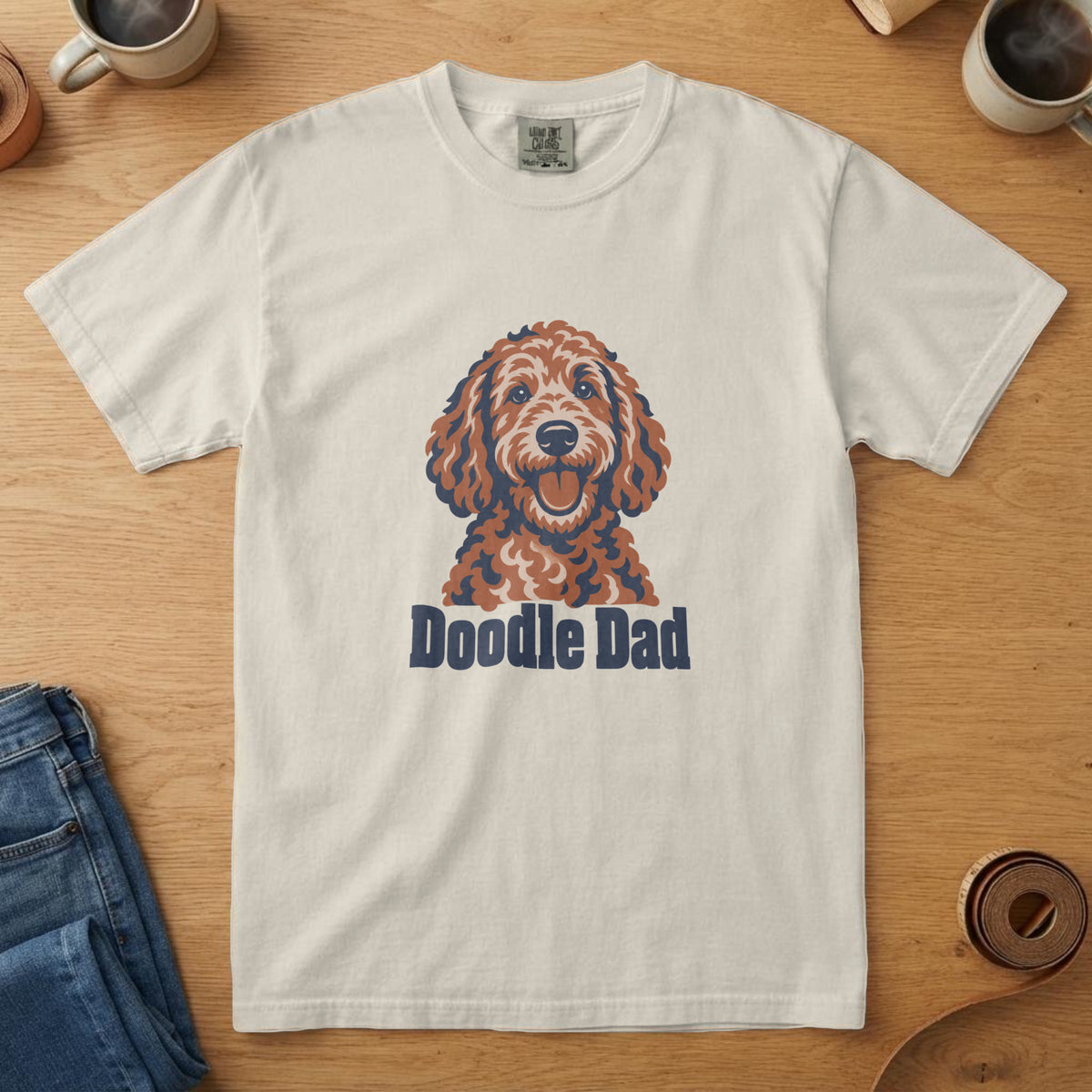 Ivory t-shirt with a navy and rust Goldendoodle portrait with curly coat and the words "Doodle Dad"