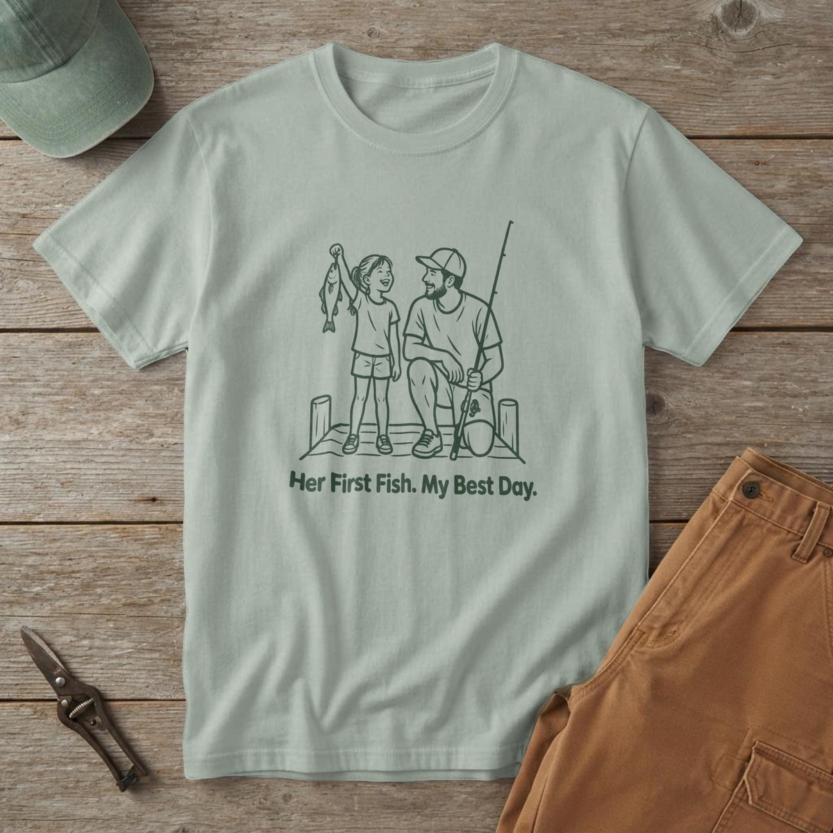Bay t-shirt with a green line drawing of a girl with her first fish and her dad and the words "Her First Fish. My Best Day."