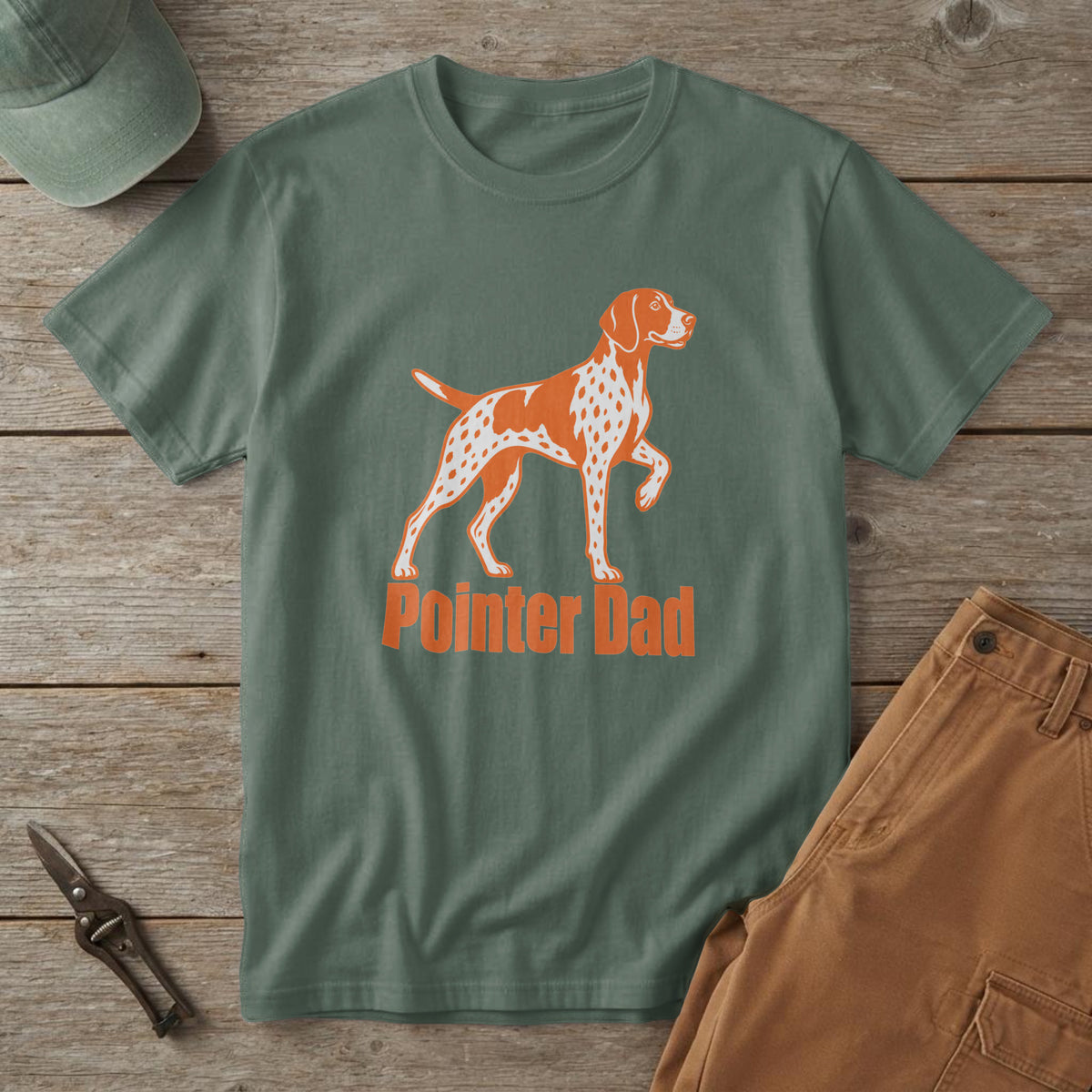Blue Spruce t-shirt with white and orange GSP illustration on point and the words "Pointer Dad"